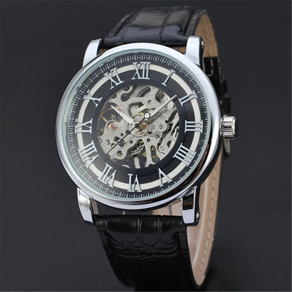 R&amp;Z men’s hollow automatic mechanical watch with black leather strap silver-toned case and roman numeral dial