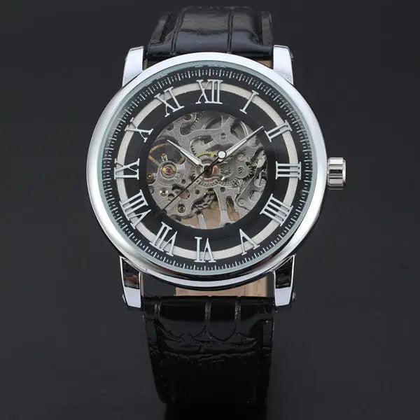 R&Z men’s hollow automatic mechanical watch with black leather strap silver-toned case and roman numeral dial