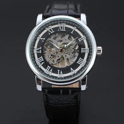 R&amp;Z men’s hollow automatic mechanical watch with black leather strap silver-toned case and roman numeral dial