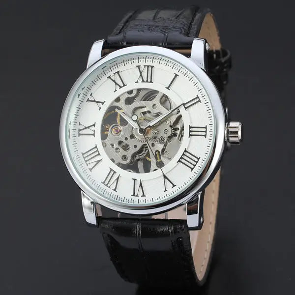 R&Z men’s hollow automatic mechanical watch with sleek silver skeleton case white face black roman numerals and black leather strap