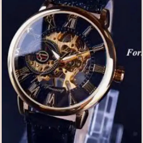 R&Z - Men’s Hollow Design Mechanical Watch - Black belt, black face, gold lettering - Executive Watches