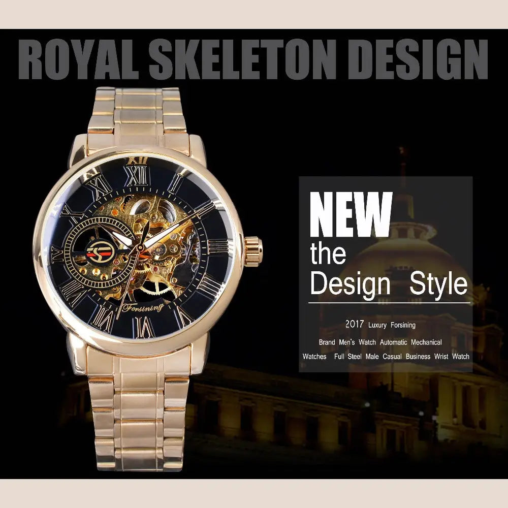 R&Z - Men’s Hollow Design Mechanical Watch - Black belt, white surface, gold lettering - Executive Watches