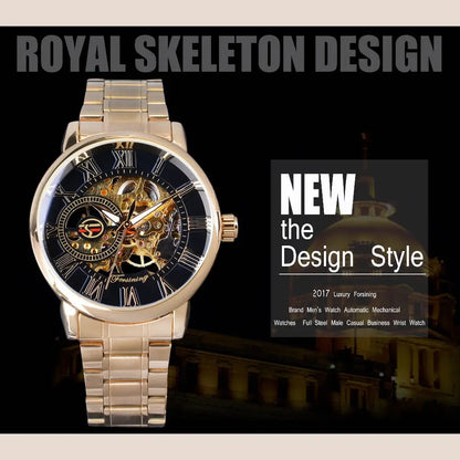 R&amp;Z - Men’s Hollow Design Mechanical Watch - Black belt, white surface, gold lettering - Executive Watches