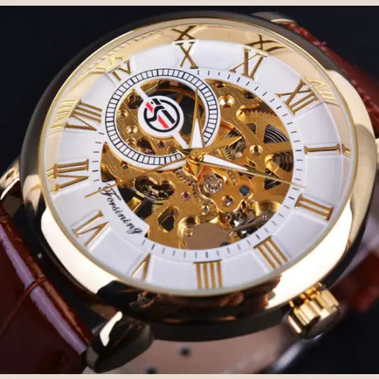 R&Z - Men’s Hollow Design Mechanical Watch - Brown belt, white surface, gold lettering - Executive Watches