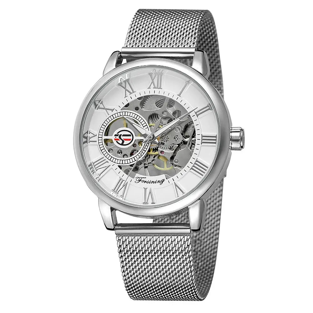 R&Z mens hollow mechanical silver skeleton watch with mesh band and roman numeral dial featuring forsining hollow design