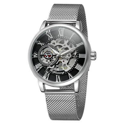 R&amp;Z mens hollow mechanical silver skeleton watch with black dial roman numerals and exposed movement