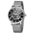 R&Z mens hollow mechanical silver skeleton watch with black dial roman numerals and exposed movement