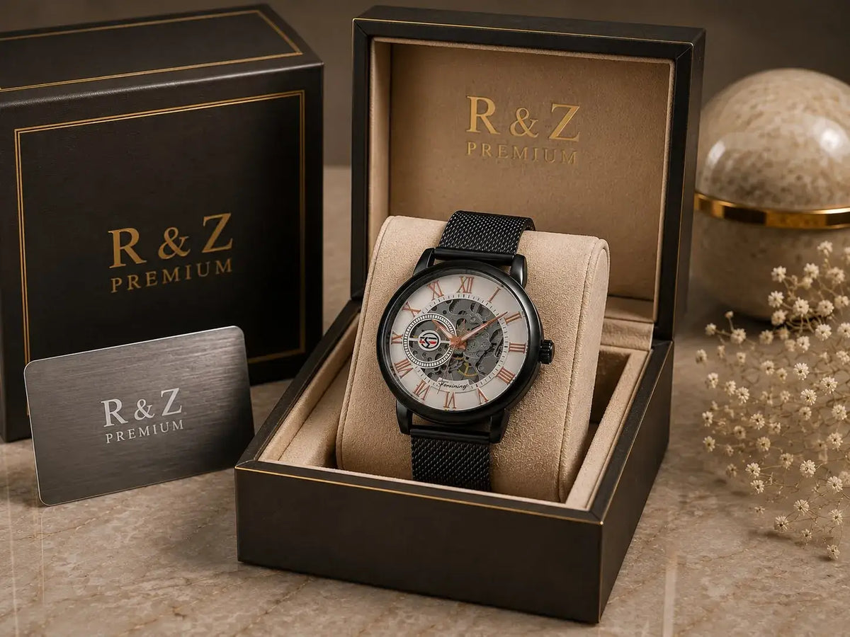 Rz mens hollow mechanical watch with black mesh strap white face roman numerals in premium box