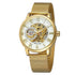 R&Z mens hollow mechanical watch gold toned skeleton design with white dial and roman numeral hour markers