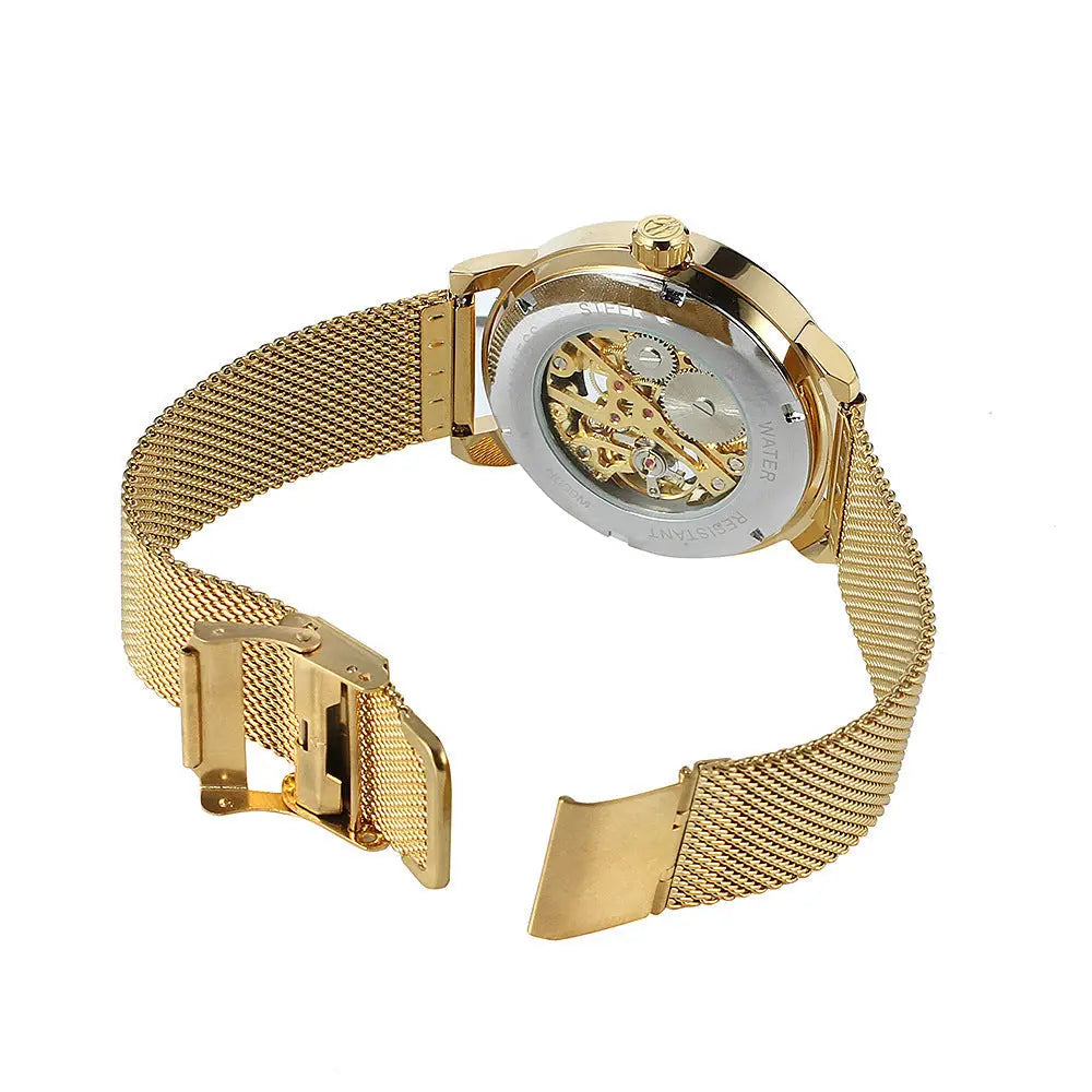 Rz mens hollow mechanical watch with gold-toned skeleton dial and mesh band showcasing exposed movement