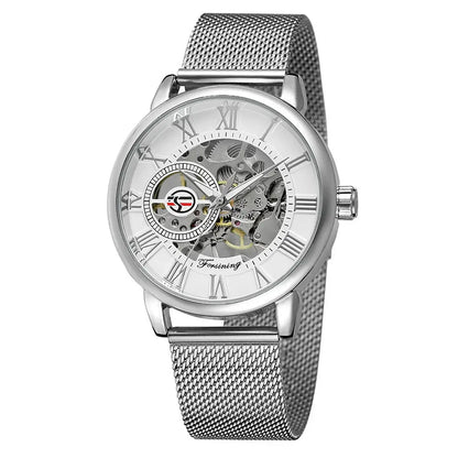 Silver r&amp;z mens hollow mechanical watch with skeleton dial mesh band and roman numeral markers