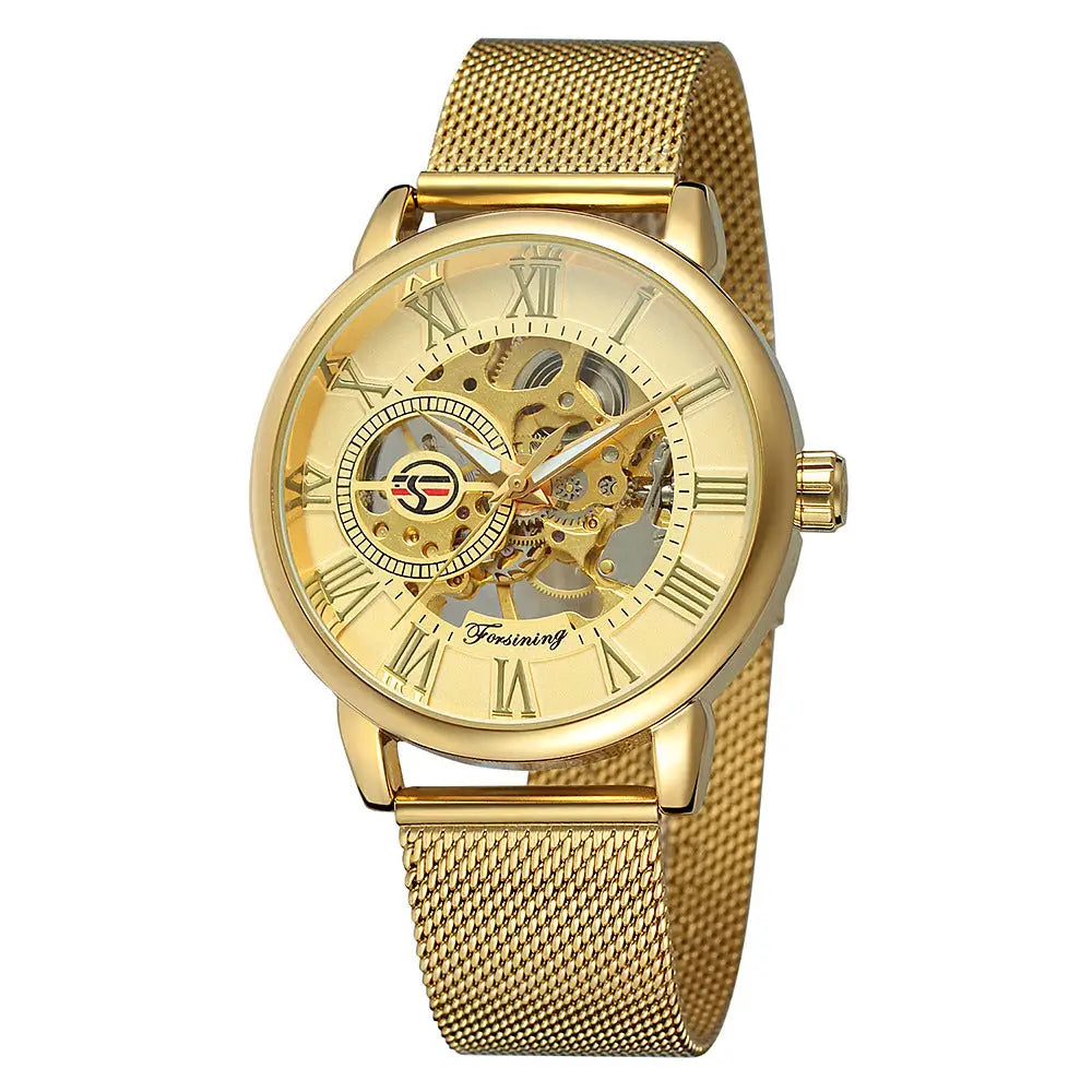 R&Z mens hollow mechanical watch with gold-toned skeleton dial and mesh band showcasing visible gears