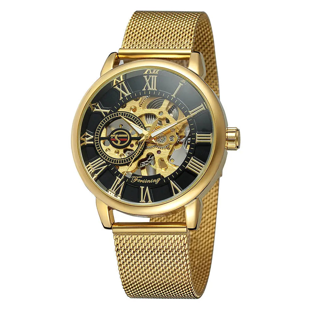 R&Z mens hollow mechanical watch gold-toned skeleton with black dial roman numerals and exposed gears