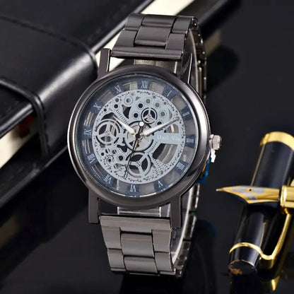 R&amp;Z men’s hollow mechanical watch with black metal skeleton design and steel band showing intricate gears and roman numerals