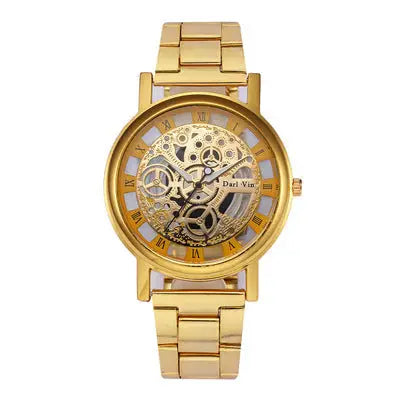 R&amp;Z men’s gold-toned hollow mechanical watch with exposed gears roman numerals and steel band
