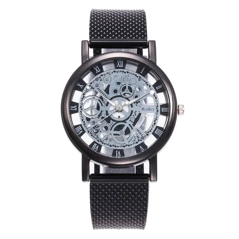 R&amp;Z men’s hollow mechanical watch with black steel mesh strap roman numeral markers and visible gearwork