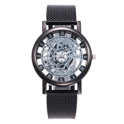 R&amp;Z men’s hollow mechanical watch with black steel mesh strap roman numeral markers and visible gearwork