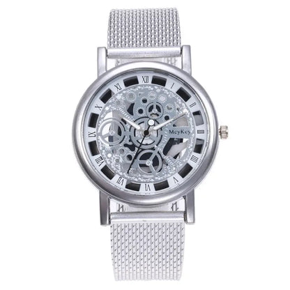 Silver hollow mechanical watch with roman numeral dial and steel mesh band by R&amp;Z for men