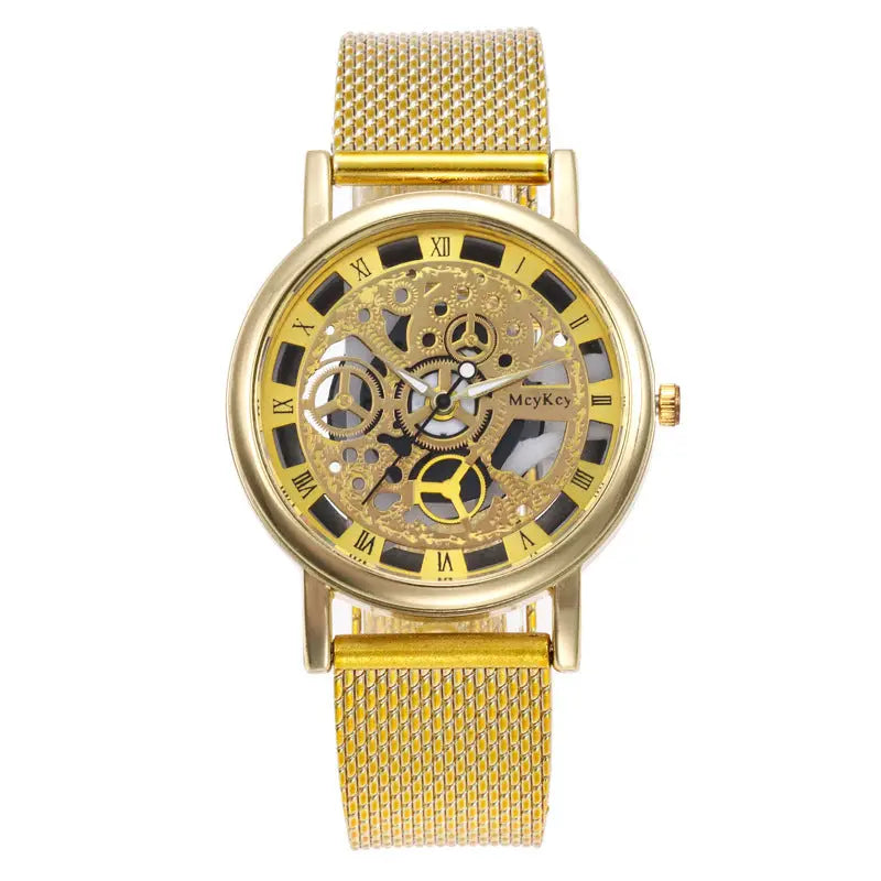 R&amp;z men’s gold-toned hollow mechanical watch with roman numerals and steel mesh band showing visible gears