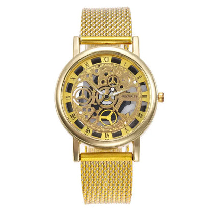 R&amp;z men’s gold-toned hollow mechanical watch with roman numerals and steel mesh band showing visible gears