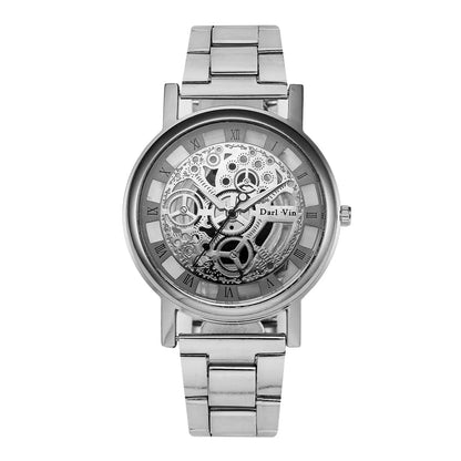 R&amp;z men’s hollow mechanical watch silver skeleton dial with exposed gears roman numerals and steel band