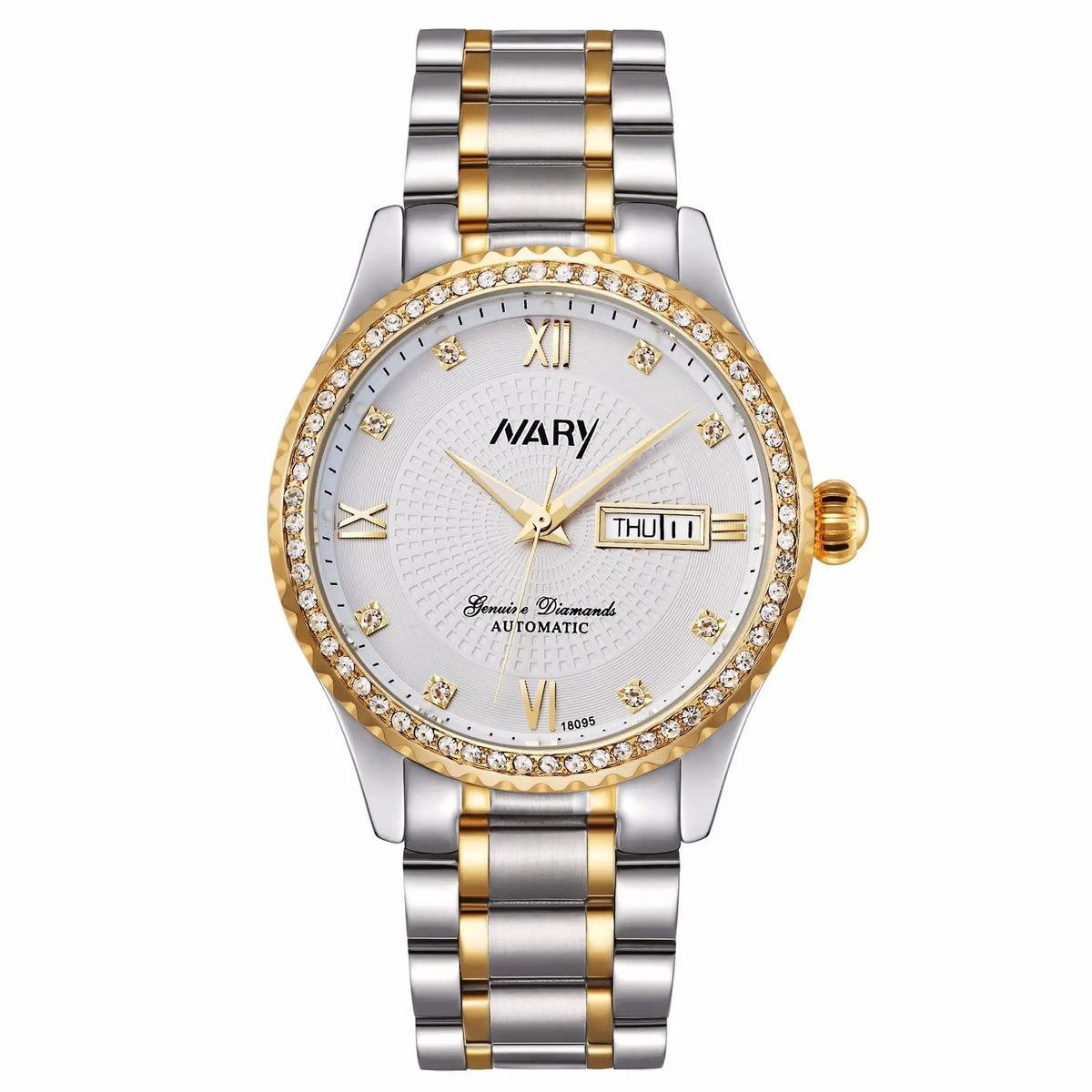 R&Z men’s mechanical watch with a two-tone stainless steel and gold design and diamond-encrusted bezel