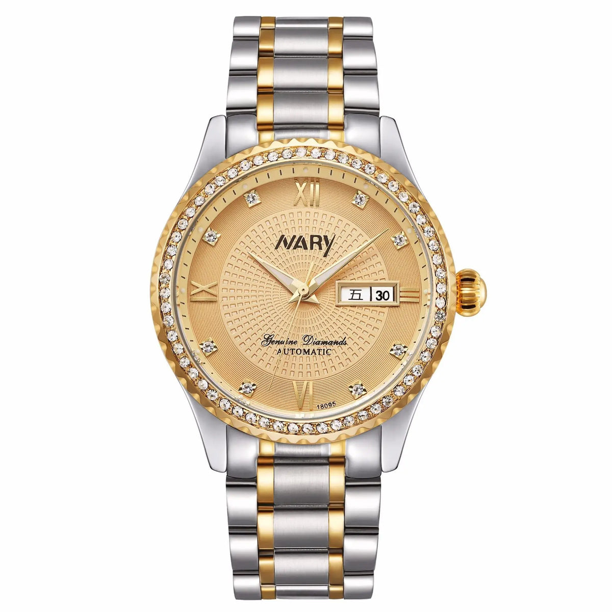 R&Z men’s mechanical watch with two-tone gold and silver, diamond bezel, roman numerals, and champagne dial with date display
