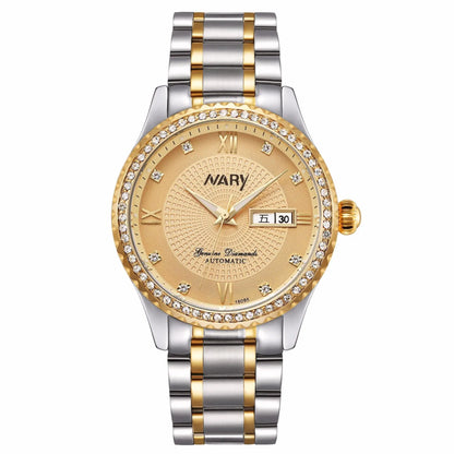 R&amp;Z men’s mechanical watch with two-tone gold and silver, diamond bezel, roman numerals, and champagne dial with date display