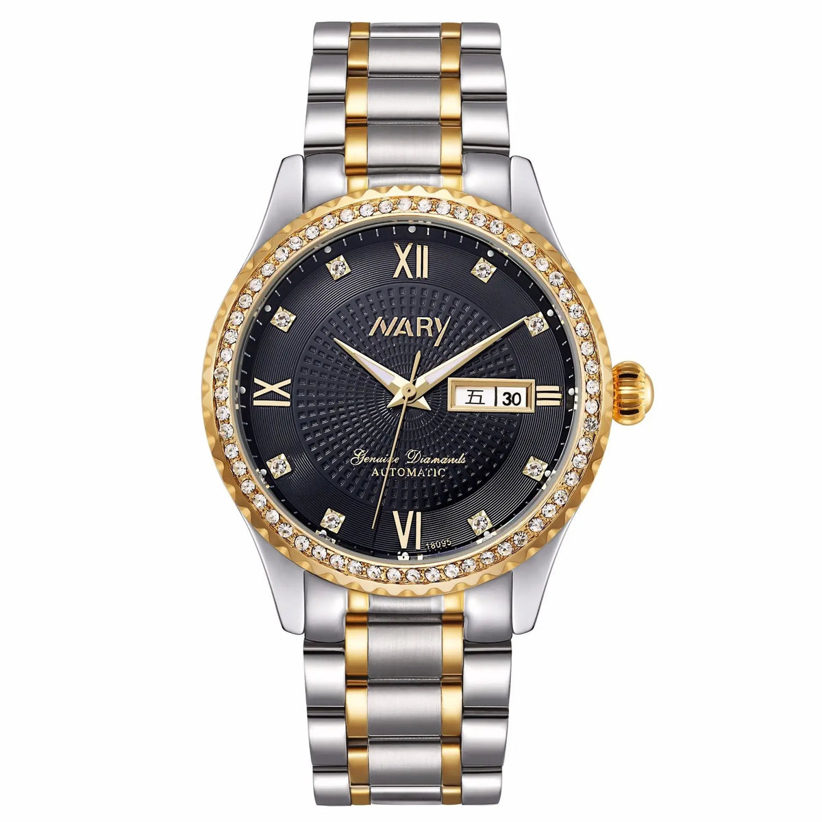 R&Z men’s mechanical watch features a two-tone stainless steel and gold case with a black diamond dial and roman numerals