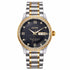 R&Z men’s mechanical watch features a two-tone stainless steel and gold case with a black diamond dial and roman numerals