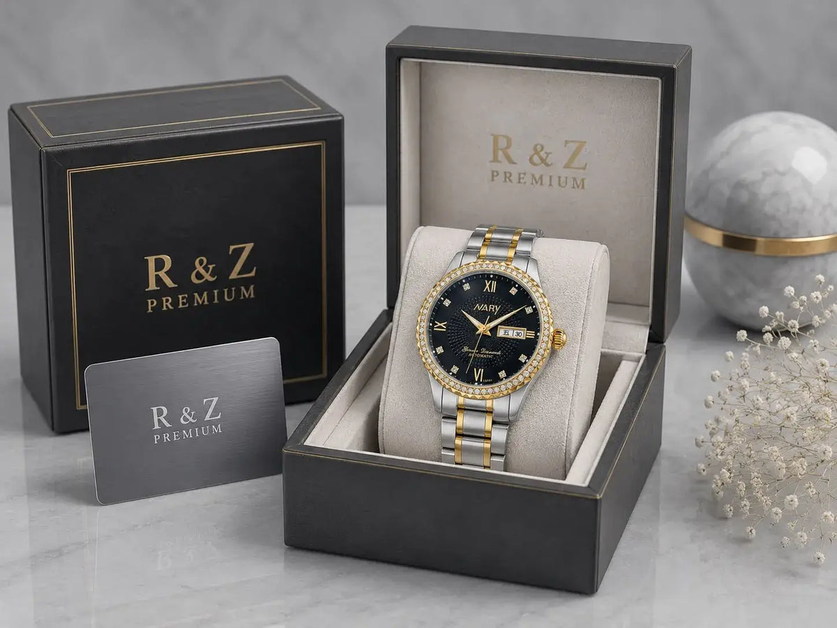 R&z men’s mechanical watch with black dial, gold silver stainless steel bracelet, roman numerals, and diamond bezel accents