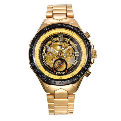 R&amp;Z men’s mechanical watch in gold-tone skeleton design with black tachymeter bezel and roman numeral markers