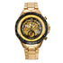 R&Z men’s mechanical watch in gold-tone skeleton design with black tachymeter bezel and roman numeral markers
