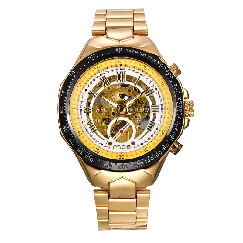 R&amp;Z men’s mechanical watch gold-tone skeleton with yellow black face roman numerals exposed gears tachymeter bezel mce mechanical watch