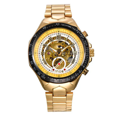 R&amp;Z men’s mechanical watch gold-tone skeleton with yellow black face roman numerals exposed gears tachymeter bezel mce mechanical watch