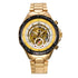R&Z men’s mechanical watch gold-tone skeleton with yellow black face roman numerals exposed gears tachymeter bezel mce mechanical watch