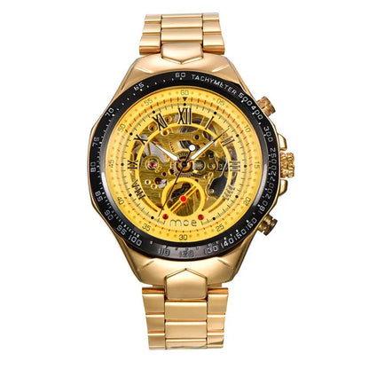 R&amp;Z men’s mechanical watch with gold-tone skeleton chronograph, yellow face, black tachymeter bezel, and roman numerals