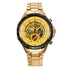 R&Z men’s mechanical watch with gold-tone skeleton chronograph, yellow face, black tachymeter bezel, and roman numerals
