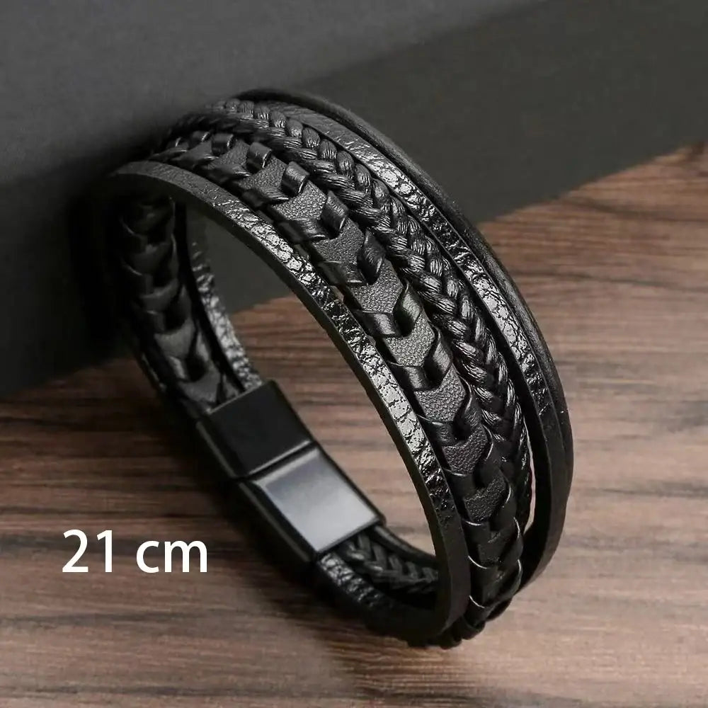 R&Z - Men’s Multi Layer Vintage Leather Bracelet - 56-58mm / Black