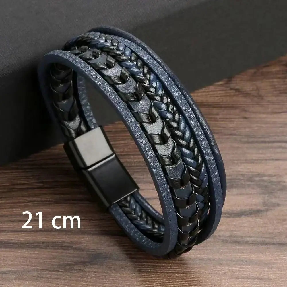 R&Z - Men’s Multi Layer Vintage Leather Bracelet - 56-58mm / Blue