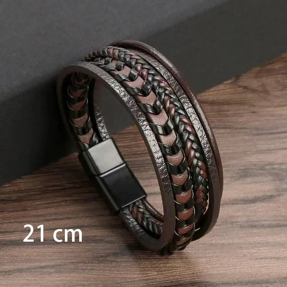 R&Z - Men’s Multi Layer Vintage Leather Bracelet - 56-58mm / Brown