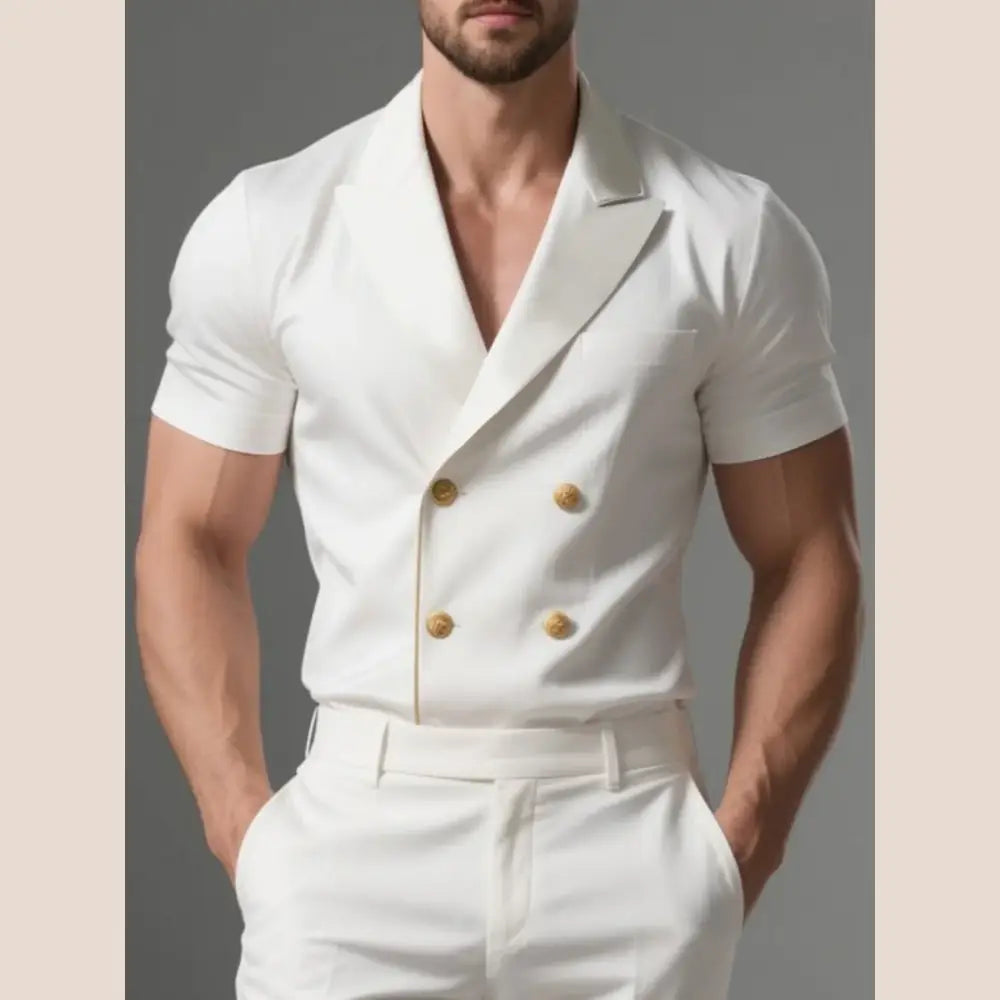R&z - Men’s Vintage Double Breasted Lapel Thin Suit Shirt Solid high-end Short - WHITE / S - Executive Business Wear