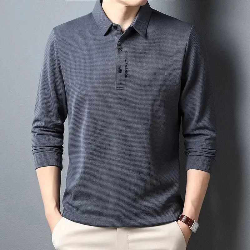 R&z - Men’s Waffle Long Sleeved POLO Shirt with Letter Printed Lapel Casual Top - Dark Grey / L - Dress Shirt