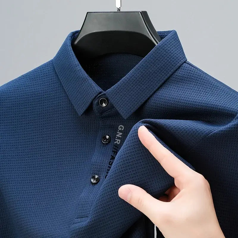 R&z - Men’s Waffle Long Sleeved POLO Shirt with Letter Printed Lapel Casual Top - Dress Shirt