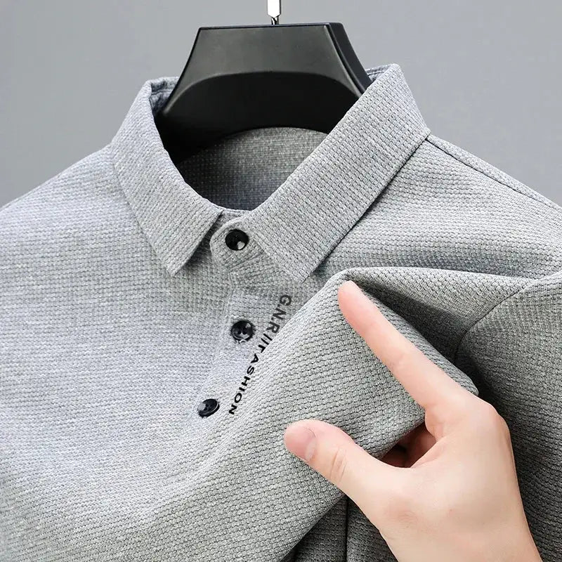 R&z - Men’s Waffle Long Sleeved POLO Shirt with Letter Printed Lapel Casual Top - Dress Shirt