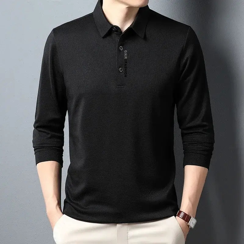R&z - Men’s Waffle Long Sleeved POLO Shirt with Letter Printed Lapel Casual Top - black / 4XL - Dress Shirt