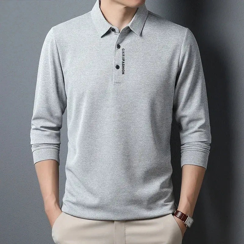 R&z - Men’s Waffle Long Sleeved POLO Shirt with Letter Printed Lapel Casual Top - Dress Shirt