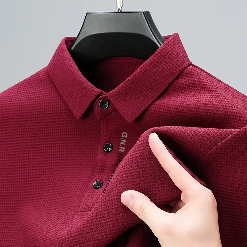 R&z - Men’s Waffle Long Sleeved POLO Shirt with Letter Printed Lapel Casual Top - Dress Shirt
