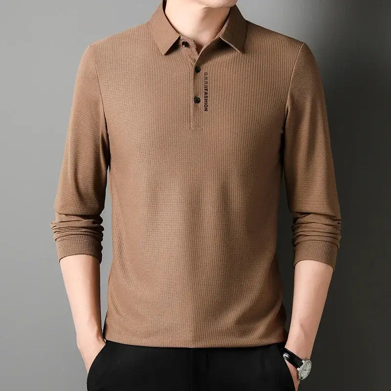 R&z - Men’s Waffle Long Sleeved POLO Shirt with Letter Printed Lapel Casual Top - camel / XL - Dress Shirt