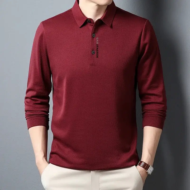 R&z - Men’s Waffle Long Sleeved POLO Shirt with Letter Printed Lapel Casual Top - Red / 4XL - Dress Shirt